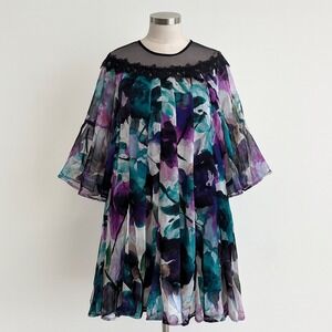 Anthropologie Dress Floral Watercolor Sheer Flutter Sleeve Black Lace Trim Small
